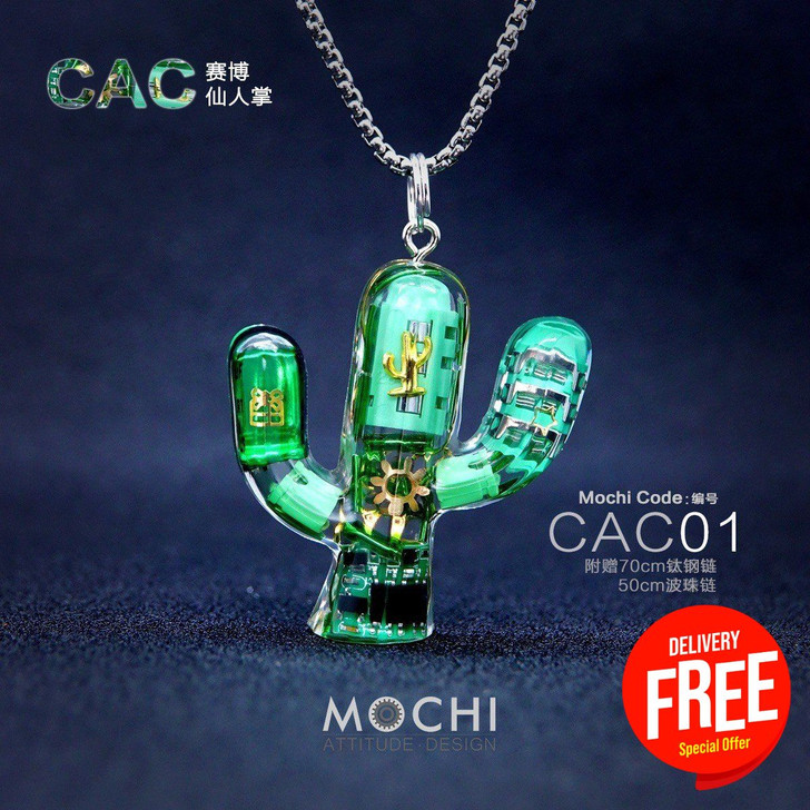 MOCHI Cyberpunk Cactus Necklace Handmade Art Collectable Figures from recycled Electronic components, resistors, titanium steel parts, Necklace, Pendant, Keychain