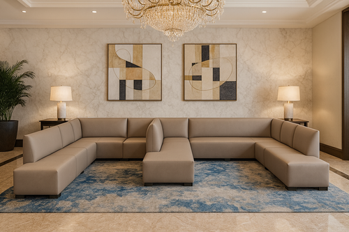 Large U-shape modular sectional sofa in beige upholstery with clean modern lines on white background. Ideal for hotels, lounges, and open living spaces