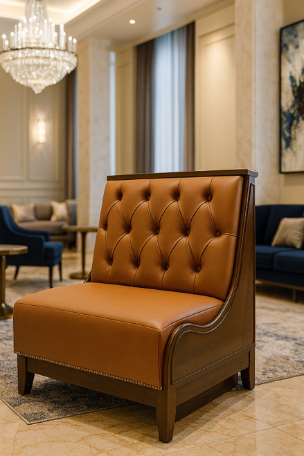 Luxury tufted leather banquette with high back, wood frame, and customizable upholstery — ideal for hospitality or dining settings.