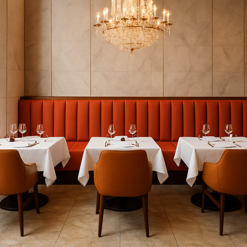 Long red-orange banquette with vertical channel tufting and dark wood plinth base — fully customizable hospitality seating.
