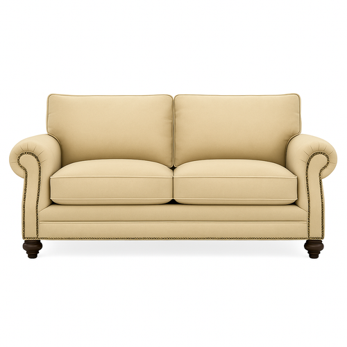 Frio Loveseat in beige premium upholstery with customizable finishes, handcrafted details, and dark wood legs, designed for luxury homes and hospitality spaces
