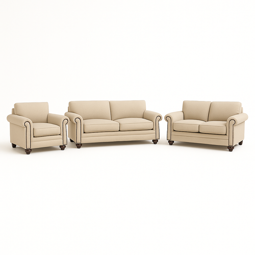 Beige three-piece Frio Sofa Set including sofa, loveseat, and armchair in matching fabric. Frio Sofa Set – Three-piece luxury collection with customizable options. Ideal for residential and hospitality spaces. Made in the USA.