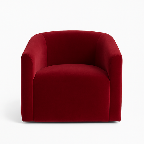 Custom red velvet club chairs with curved arms and modern cube design, perfect for residential or hospitality lounge seating