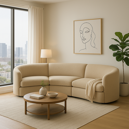 A curved 3-seat modular sofa in warm beige linen-bouclé fabric, placed in a contemporary living room with modern décor. The sofa features rounded arms, plush cushions, and a soft sculptural silhouette.