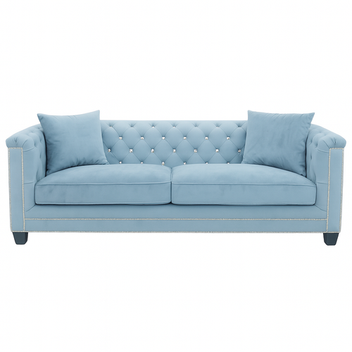 Light blue velvet tufted sofa with crystal buttons and nailhead trim, customizable luxury couch for modern homes and hospitality spaces