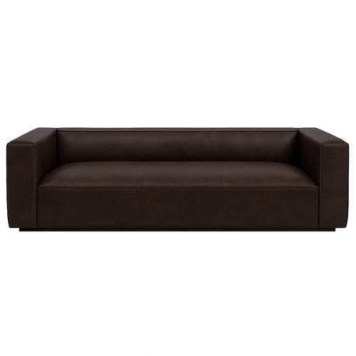 Modern dark brown leather sofa with wide arms, low backrest, and a single long seat cushion on white background