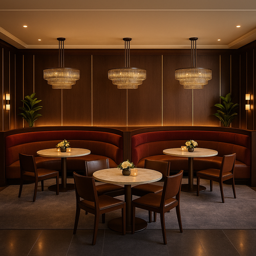 Custom 2-piece curved hospitality banquette with red velvet backrest and brown leather seat, luxury restaurant booth seating by Fashion Forward Furniture. The Grand Arc Banquette. Luxury Hotel