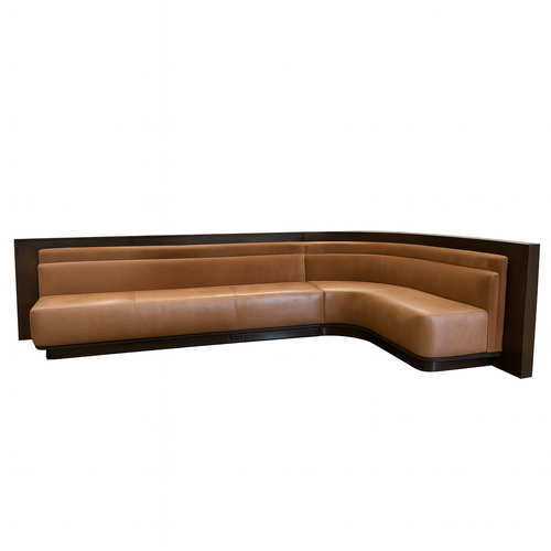 Large custom L-shaped hospitality banquette in caramel faux leather with dark wood frame, modern restaurant booth seating, handcrafted by Fashion Forward Furniture