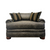 Dark grey plush armchair with rolled arms, brass nailhead trim, and striped accent pillows — showroom-style product photo on white background.