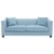 Light blue velvet tufted sofa with crystal buttons and nailhead trim, customizable luxury couch for modern homes and hospitality spaces