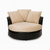 Round cuddle chair with beige suede cushions and black faux-leather base modern minimalist living room, neutral tones, customizable design by Fashion Forward Furniture.