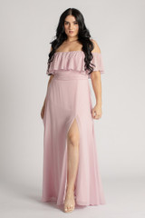 Isabelle Off Shoulder Flowy Bridesmaids Dress in Dusty Pink