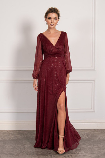 Stella Long Sleeved Sparkly Split Formal Dress in Burgundy Stella Long Sleeved Sparkly Split Formal Dress in Burgundy