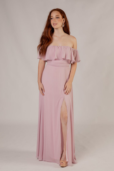 Isabelle Off Shoulder Flowy Bridesmaids Dress in Dusty Pink