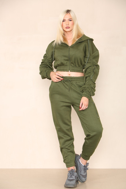 Army Green (Khaki)  Rouched  Zip Cargo Side Pocket Tracksuit