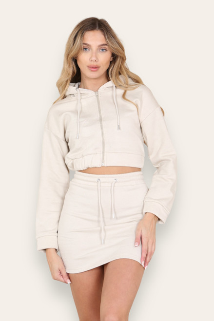 Beige Cropped Hoodie Skirt Set