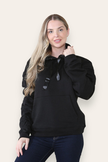 Black Ruched Hoodie With Ribbon