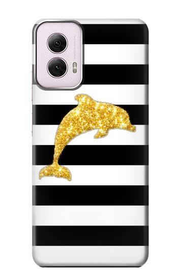 W2882 Black and White Striped Gold Dolphin Case Cover Custodia e Flip Case per Motorola Moto G Power 5G (2024)