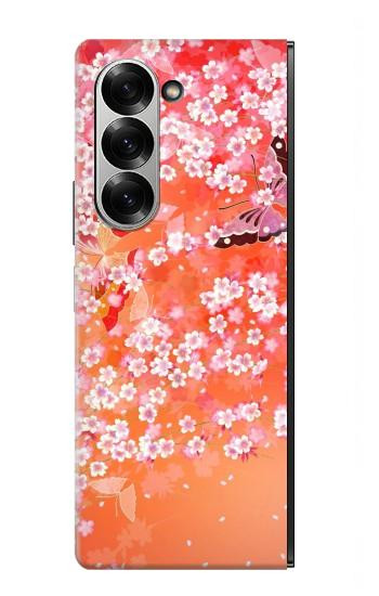 W2543 Japanese Kimono Style Flower Pattern Case Cover Custodia e Flip Case per Samsung Galaxy Z Fold 6