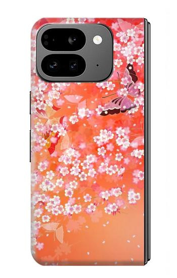 W2543 Japanese Kimono Style Flower Pattern Case Cover Custodia e Flip Case per Google Pixel 9 Pro Fold