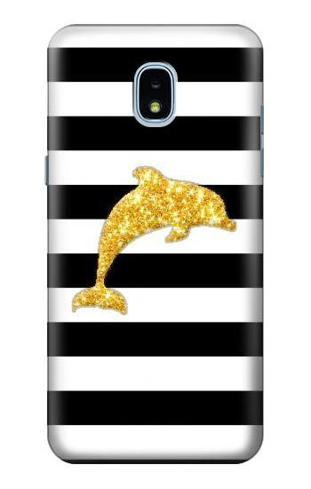 W2882 Black and White Striped Gold Dolphin Case Cover Custodia e Flip Case per Samsung Galaxy J3 (2018), J3 Star, J3 V 3rd Gen, J3 Orbit, J3 Achieve, Express Prime 3, Amp Prime 3