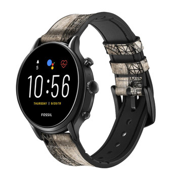 CA0717 Eiffel Tower Blueprint Cinturino in silicone e pelle Smartwatch per Fossil Smartwatch