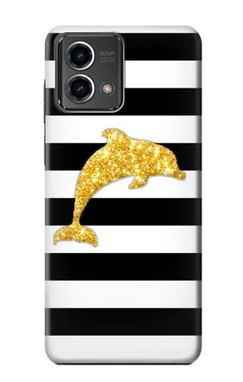 W2882 Black and White Striped Gold Dolphin Case Cover Custodia e Flip Case per Motorola Moto G Stylus 5G (2023)
