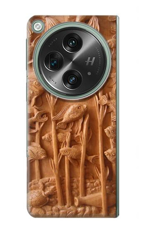 W1307 Fish Wood Carving Graphic Printed Case Cover Custodia e Flip Case per OnePlus OPEN
