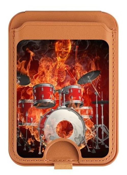 W1431 Skull Drum Fire Rock Magnetic Card Holder Wallet Stand with MagSafe for iPhone 16 15 14 13 Pro Max