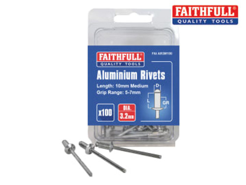 Faithfull (FAIAR3M100) Aluminium Rivets 3.2 x 10mm Medium Pre-Pack of 100