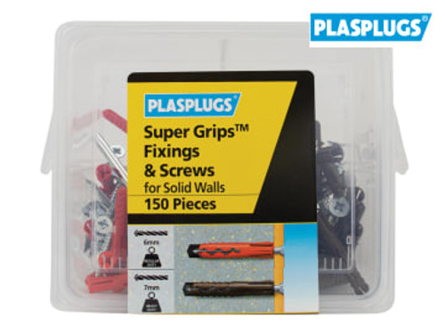 Plasplugs (KSW150) Super Grips™ Fixings & Screws Kit for Solid Walls, 150 Piece