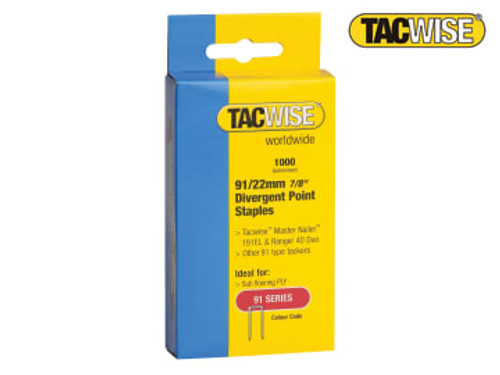 Tacwise (0288) 91 Narrow Crown Divergent Point Staples 22mm - Electric Tackers (Pack 1000)