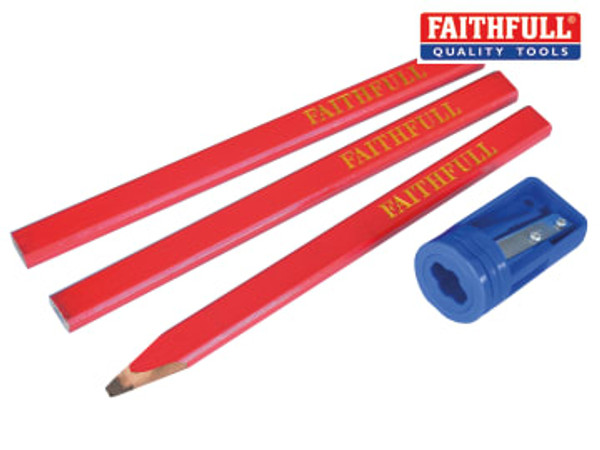 Faithfull (FAICPSHARP) Carpenters' Pencils Red (Pack 3 + Sharpener)