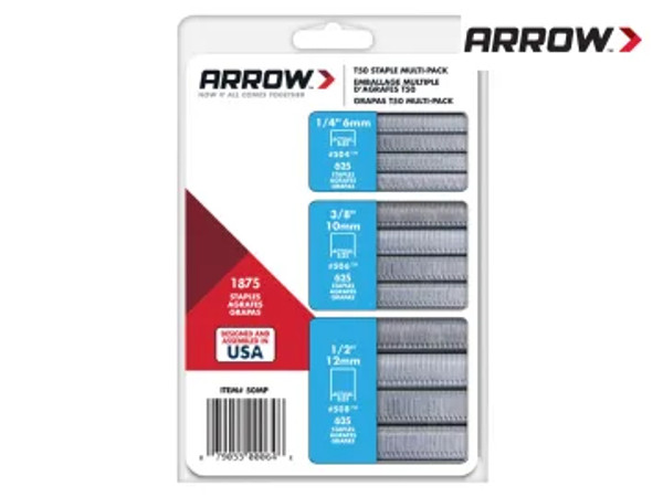 Arrow (A50MP) T50 Staples Multi Pack 6mm 10mm & 12mm (Box 1875, 3 x 625)