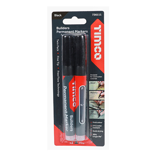 Timco Fine Tip Builders Permanent Markers - Fine Tip - Black (736111) - 2 Pieces Blister Pack