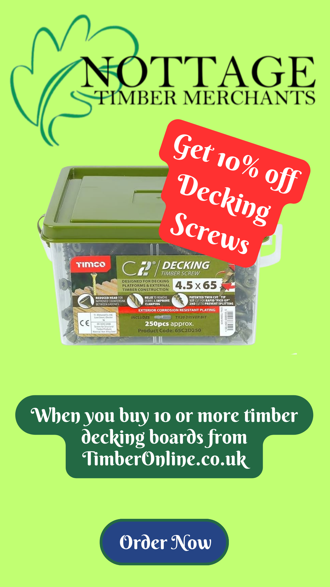 get 10% off timber decking screws when you buy 10 or more timber decking boards