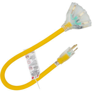 2' 12/3 Power Phase® Yellow SJTW 15 Amp w/Lighted End 3-Tap Cord