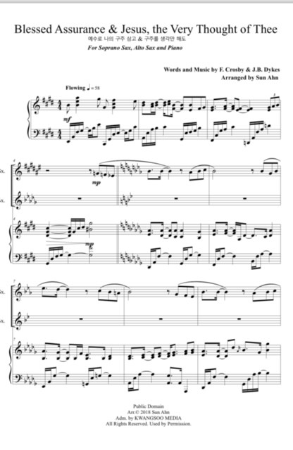 Blessed Assurance & Jesus , the Very Thought of Thee For Sop. Sax, Alto Sax & Piano
