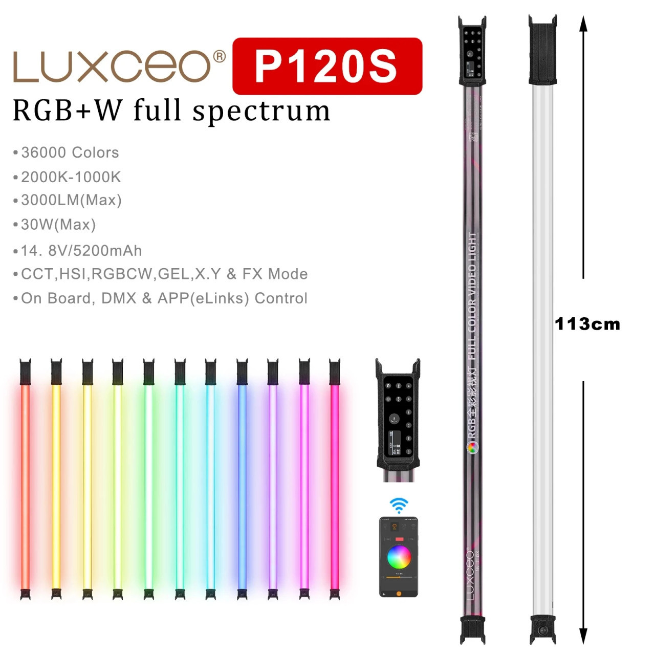 Luxceo 2x P120S 113cm 30W RGB LED Handheld Two Tube Light Stick Kit