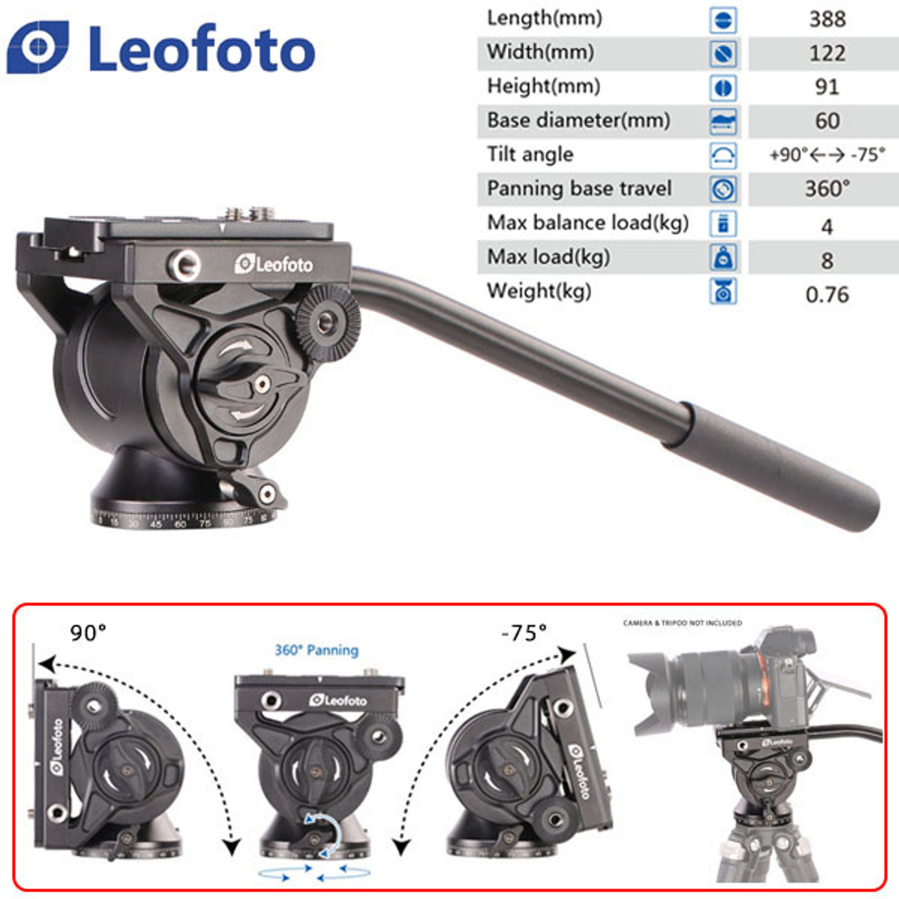 Leofoto BV-10 60mm Flat Base Video Fluid Head