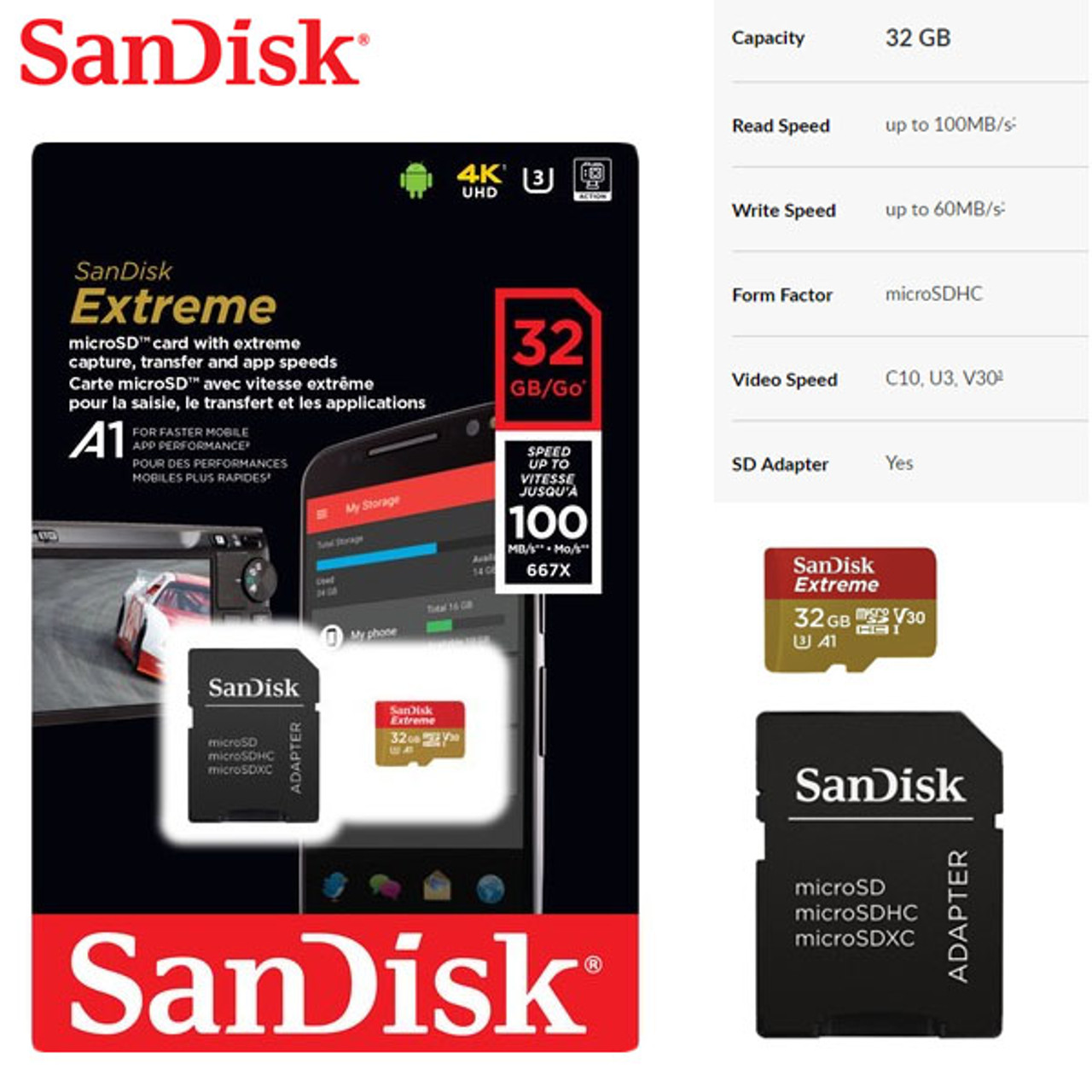 Lot de 2 Carte Mémoire Micro SDHC SanDisk Extreme 32 Go MicroSDHC