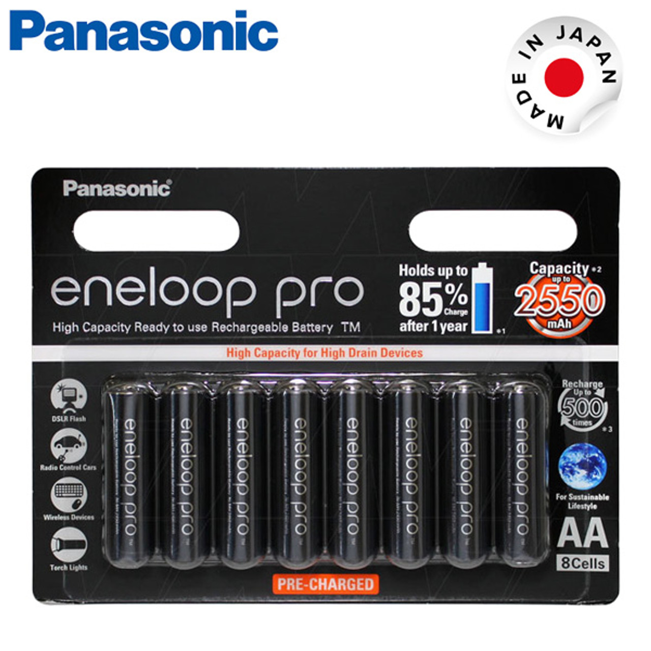 Panasonic eneloop PRO AA Rechargable Batteries 2550mAh (Black , 8