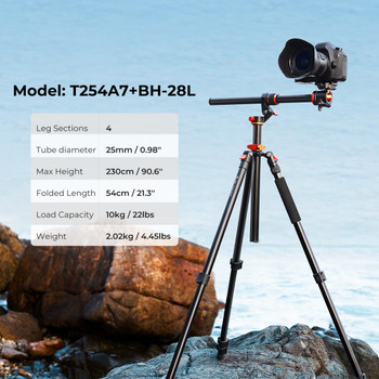 K&F Concept KF09.119 T254A7+BH-28L 2.3m Aluminium 4-section Flip Lock Tripod / Monopod with Cross Arm for Flat Lay Photos (Max Load 10kg) 