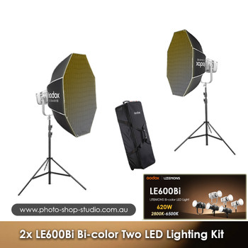 Godox 2x LE600Bi Litemons 620W Bi-color COB AC Power Two LED Lighting Kit (White Version)