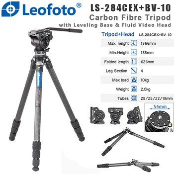 Leofoto LS-284CEX +BV-10 Ranger Series Carbon Fibre Tripod with Leveling Base & Fluid Video Head ( Max Load 10kg, 4 Section, Twist Lock ,Low Profile ,Flat Base )