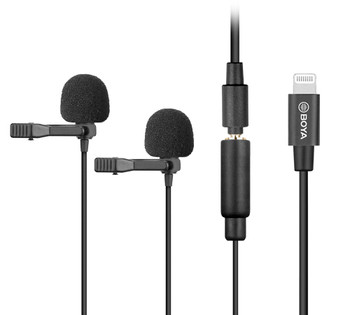 BOYA BY-M2D Dual Lavalier / Lapel Microphone for iOS devices (3.5mm TRS Male to lightning adapter cable)