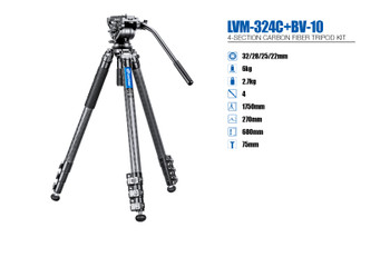 Leofoto LVM-324C+BV-10 Carbon Fiber 4-section Flip Lock Video Tripod with Fluid Head &  Leveling Base (75mm Bowl)