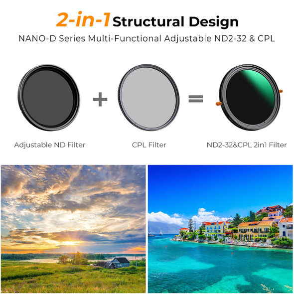 K&F Concept KF01.2407 77mm Variable ND2-ND32 (1-5 stop) & CPL MC Circular Polarizer Nano-D 2 in 1 Lens Filter