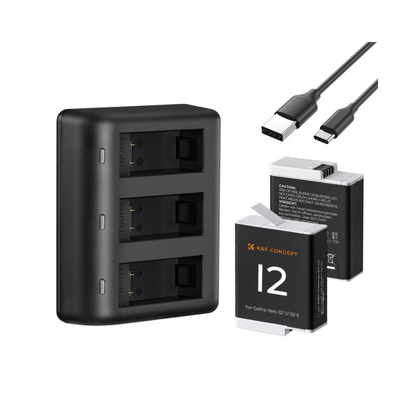 K&F Concept KF28.0032 2x 1730mAh Battery + 3-Channel LCD USB Charger for GoPro Hero 12/11/10/9