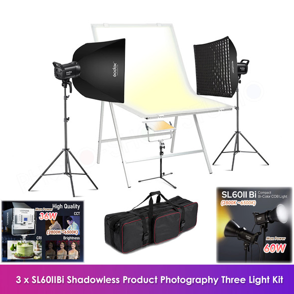  Godox 2x SL60IIBi + 1x LP400Bi Bi-color Shadowless Product Photography Three LED Light with Photographic Table (100 x 60cm) Kit